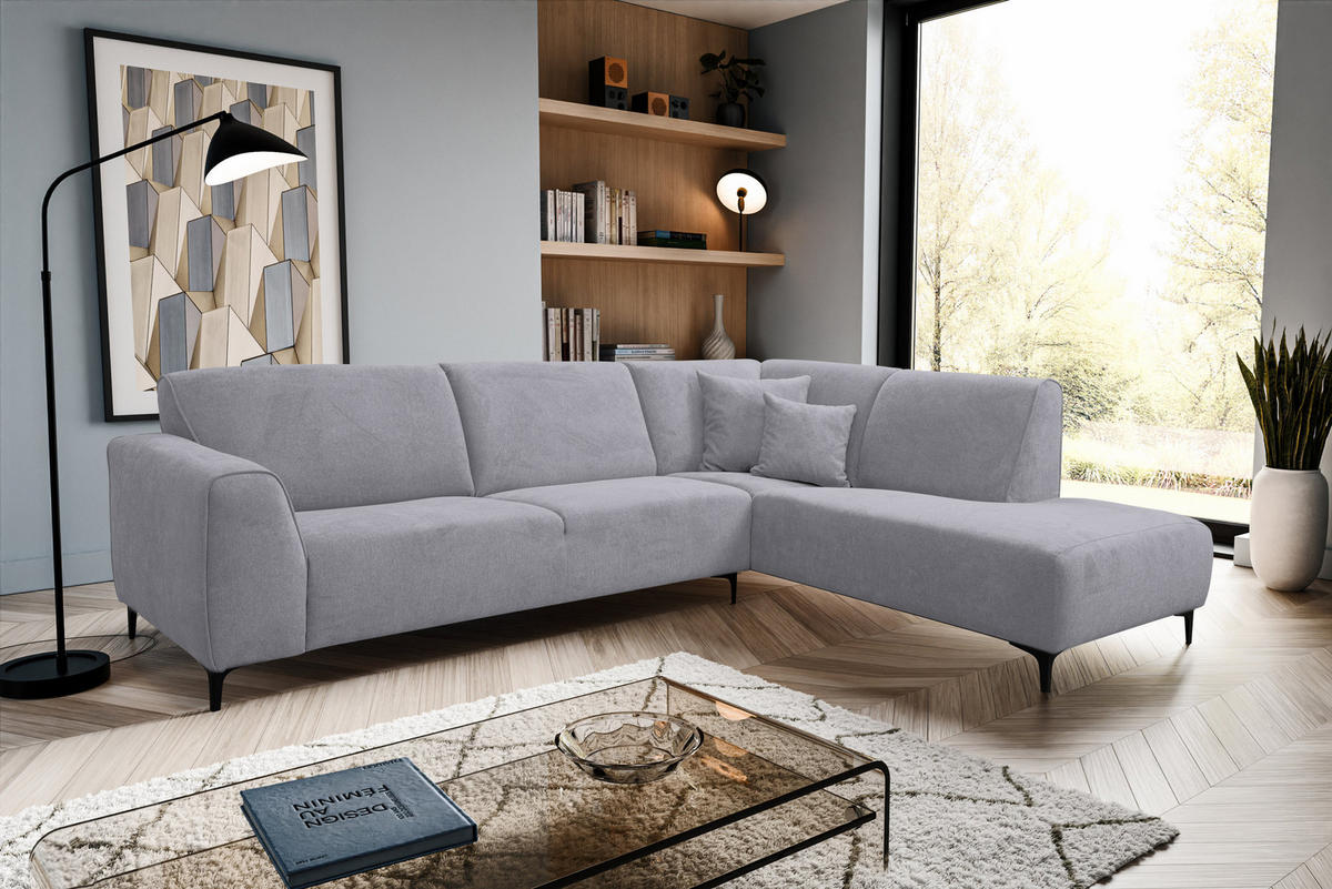 ECKSOFA Mula in L-Form, Coach Farbe: Hellgrau, Velourstoff, Ottomane Rechts - Hellgrau, Textil (274/210cm) - VENASI MÖBEL