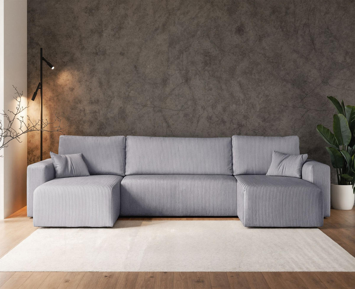 WOHNLANDSCHAFT Pianoni Hellgrau Cordbezug - Hellgrau/Schwarz, Kunststoff/Textil (312/83/140cm) - Selsey