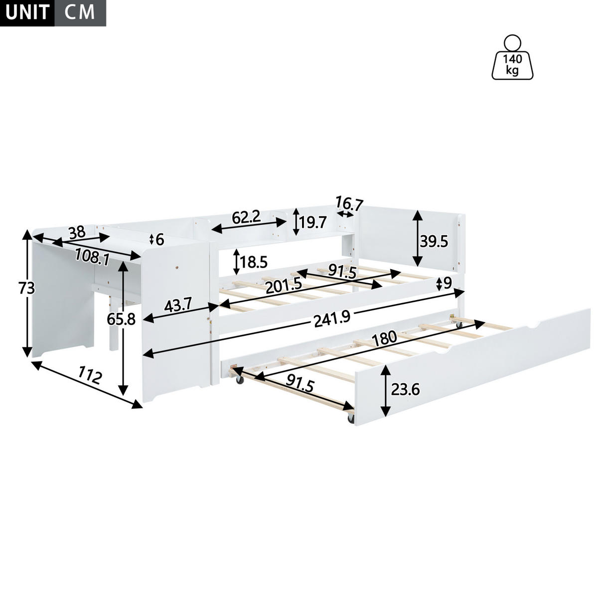 KINDERBETT 90/200 cm aus Kiefer und MDF mit Ausziehbett, Schreibtisch und 3 Seitenregalen Weiß - Weiß, Holzwerkstoff (90/200cm) - Modenvie