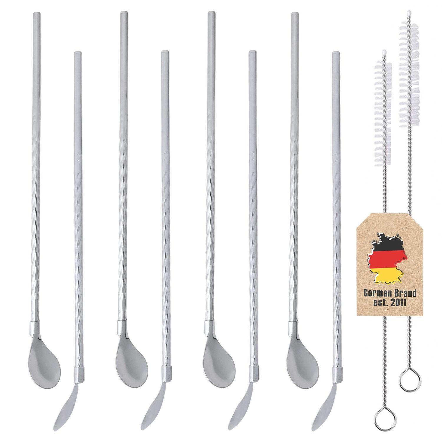 STROHHALMLÖFFEL 19 cm mit Reinigungsbürste und Tasche - Silberfarben, Metall - Intirilife