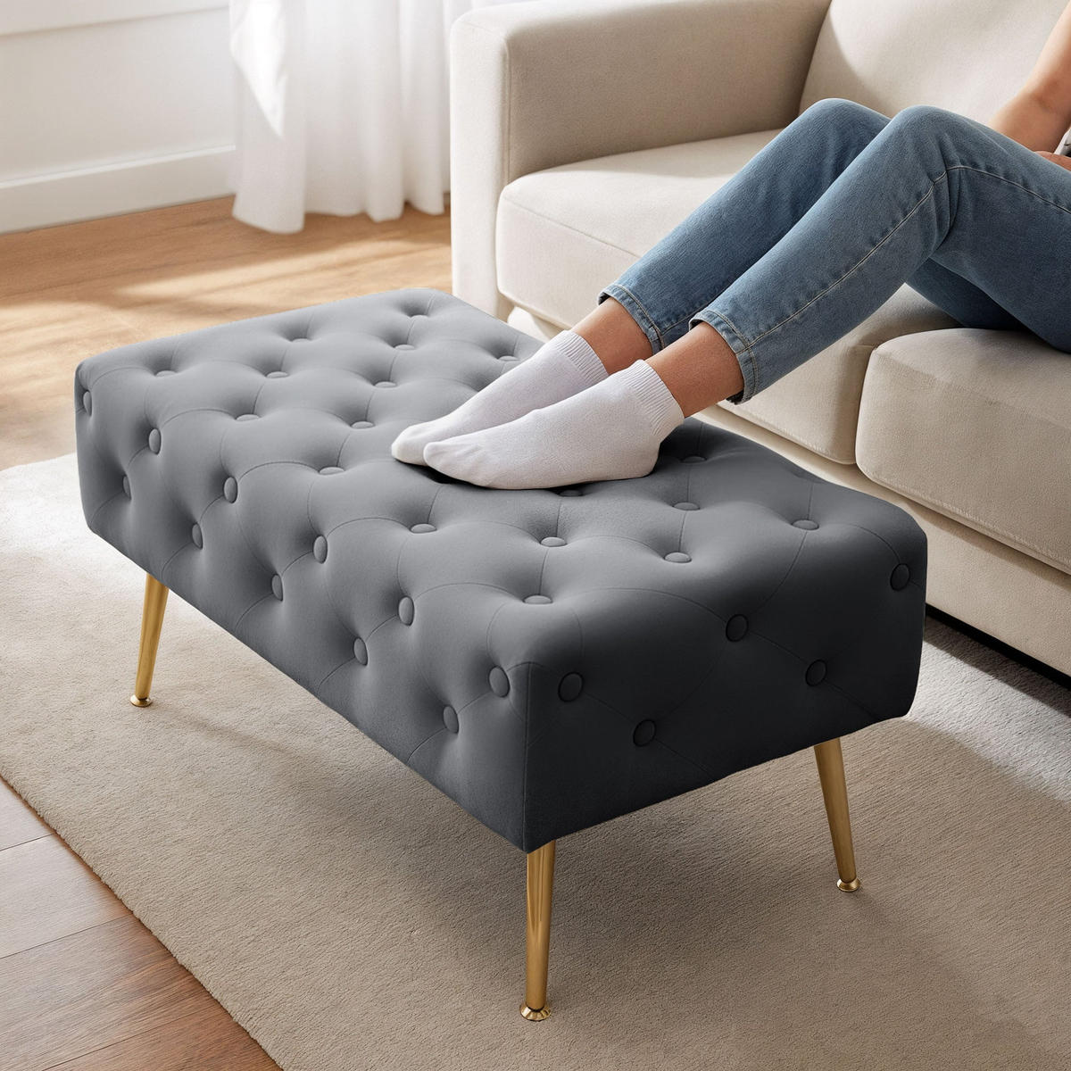 SITZHOCKER MADRID, Grau, T80xB37xH42 - Grau, Holz (37/42/80cm) - Milordbikes