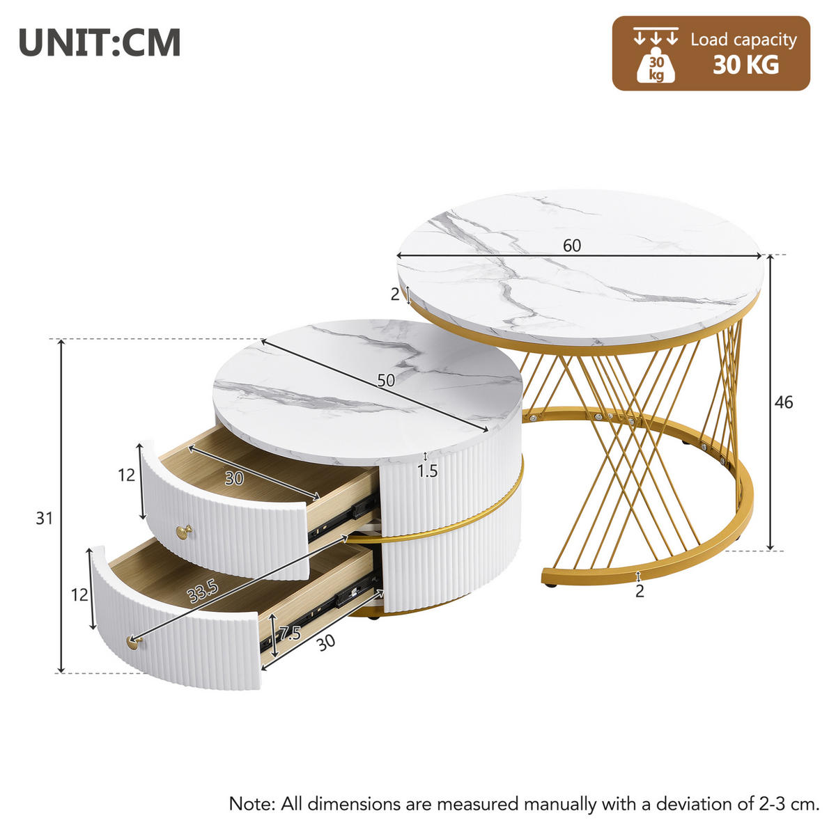 COUCHTISCH-SET 2-teilig rund, Marmoroptik Hochglanz, 2 Schubladen, 60/60/46 + 50/50/30,8 cm, weiß - Goldfarben/Weiß, Holzwerkstoff (60/60/46cm) - Redom