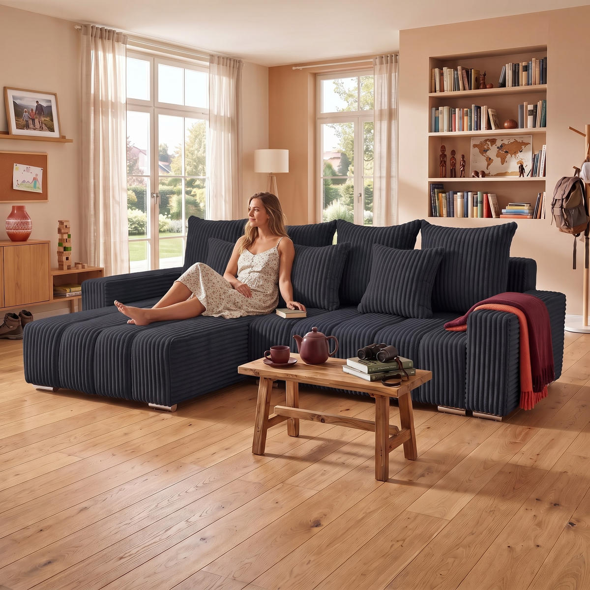 ECKSOFA PIANO L Links mit Schlaffunktion 137x234 Cord Schwarz - Silberfarben/Schwarz, Holz/Textil (278/178cm) - Muffo