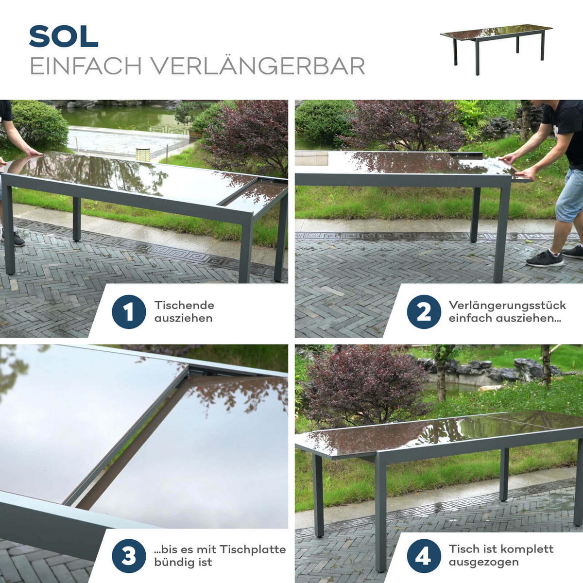 GARTEN-SITZGRUPPE ausziehbar SOL MADERA - 180/240 x 90 cm 8 Stühle - Anthrazit/Hellgrau, Metall - Home Deluxe
