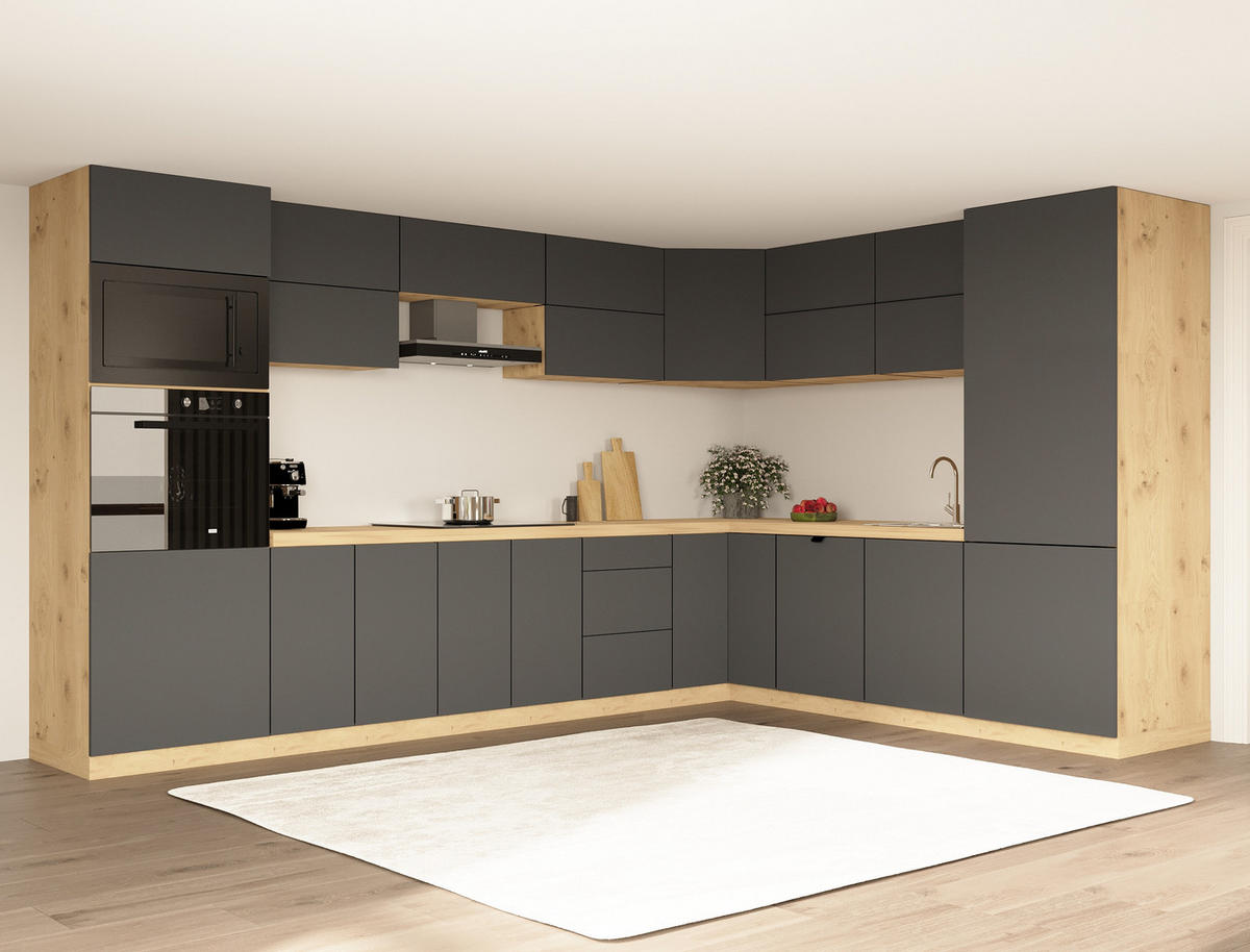 WINKELKÜCHE 360cm x 260cm- Langen KL11-M360 - in Grau/Matt - Grau, Holz (620/212/58cm)