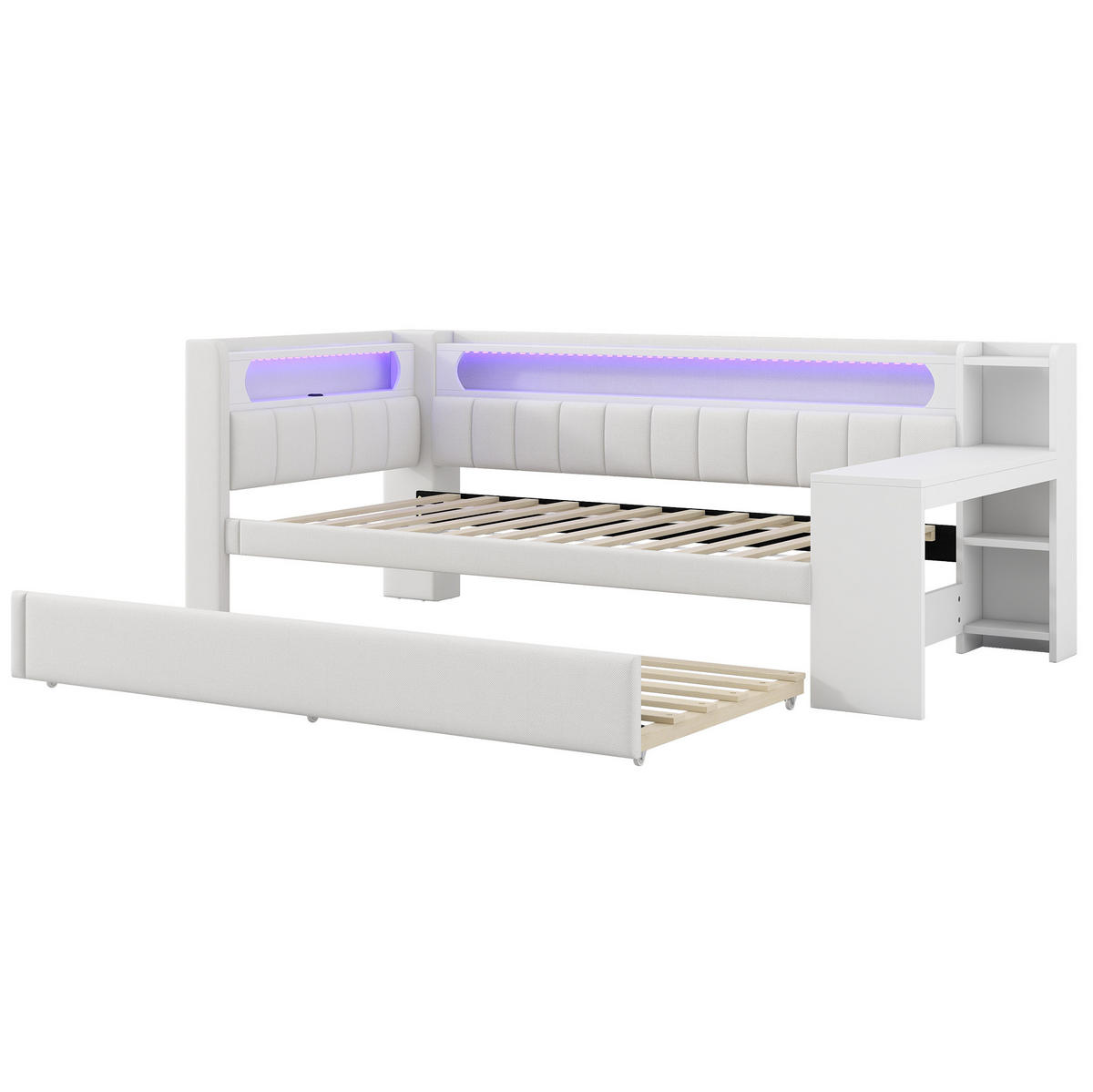 POLSTERBETT 90/200 cm mit LED-Beleuchtung, USB und Ausziehbett in Weiß - Weiß, Holzwerkstoff (90/200cm) - BEAOK