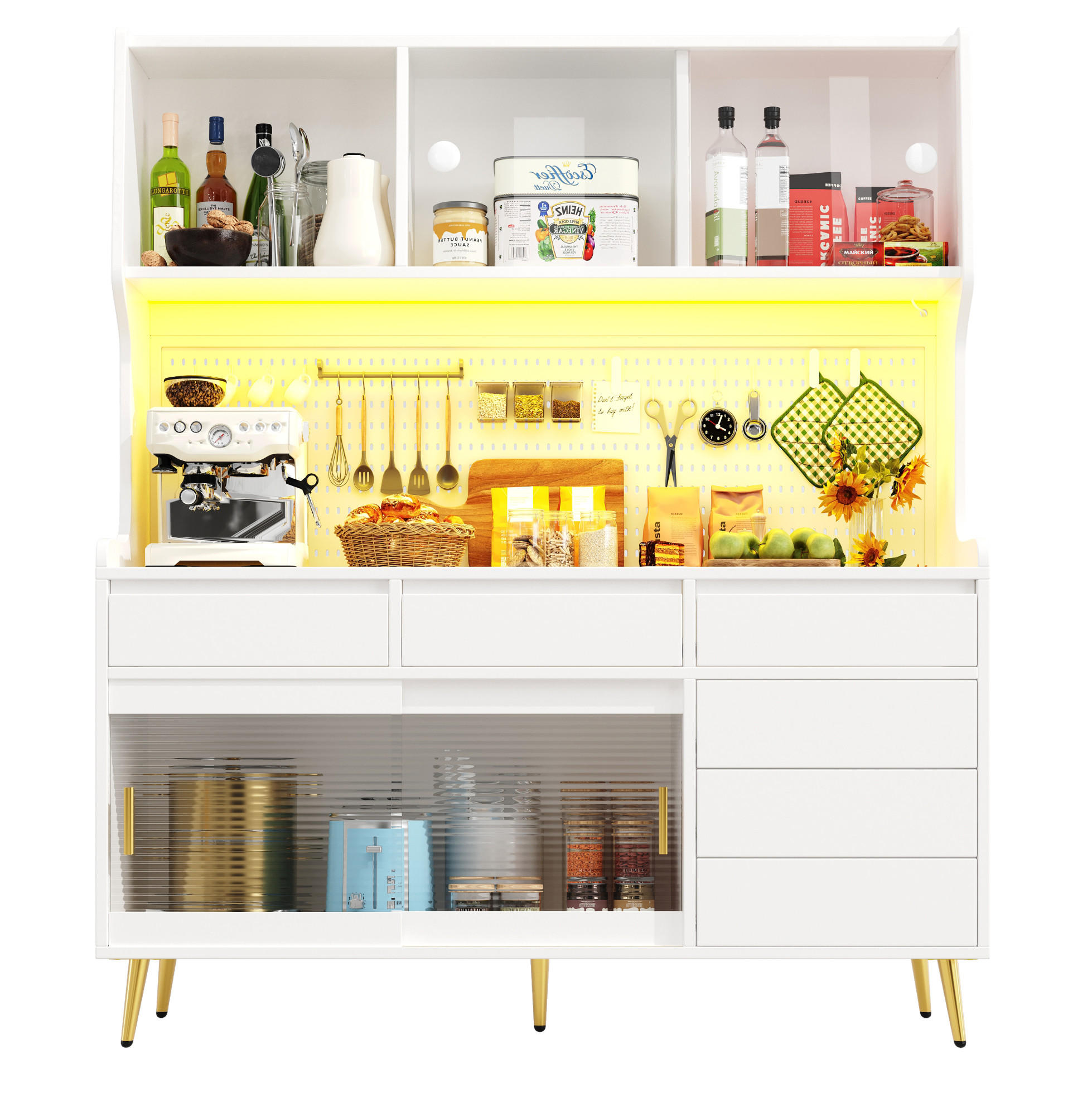 BUFFET 145/171/39 cm Weiß aus MDF und Glas mit LED-Beleuchtung - Weiß, Holzwerkstoff (39/171/145cm) - OKMYHOME