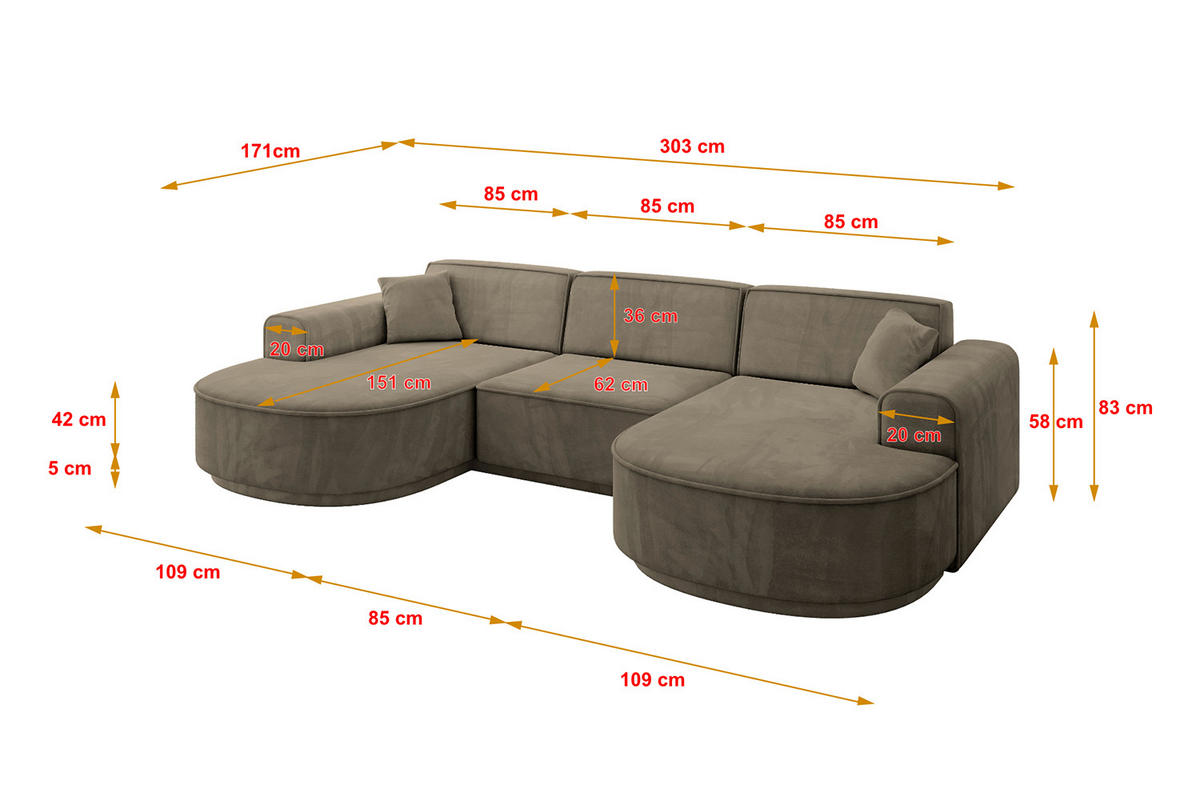 WOHNLANDSCHAFT MARI-U1-v3 - 303x171x83 cm Dunkelbraun Velours - Dunkelbraun/Schwarz, Holzwerkstoff/Kunststoff (303/83/171cm) - ALTDECOR