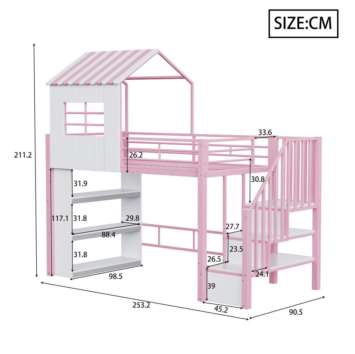 HOCHBETT 90x200 cm in Rosa mit Stauraumtreppe und Regal - Pink, Holzwerkstoff (90/200cm) - IVMEU