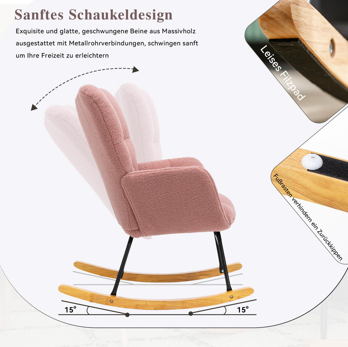 SCHAUKELSTUHL 80/70/95 cm in Rosa aus Teddystoff mit Holz-Kufen - Rosa, Textil (70/95/80cm) - Flora Grace
