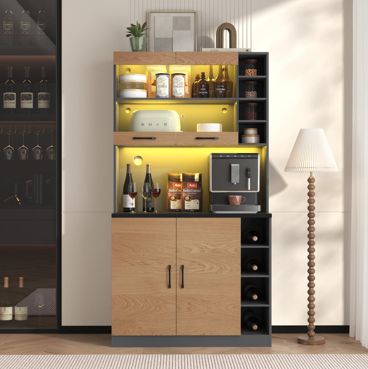 BUFFETSCHRANK 100/47/187 cm mit LED-Beleuchtung, Kabellöchern und verstellbaren Fächern, Grau/Natur - Naturfarben, Holzwerkstoff (100/187/47cm) - Redom