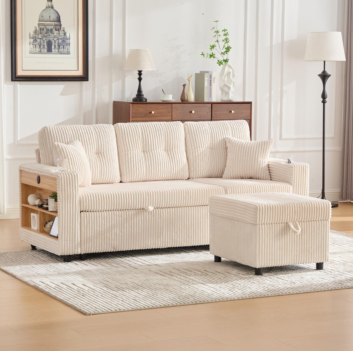 SCHLAFSOFA 196/82-144/85 cm mit Ausziehfunktion, Stauraum, USB-C, LED und Getränkehaltern, Beige - Beige, Textil (82/85/196cm) - Redom