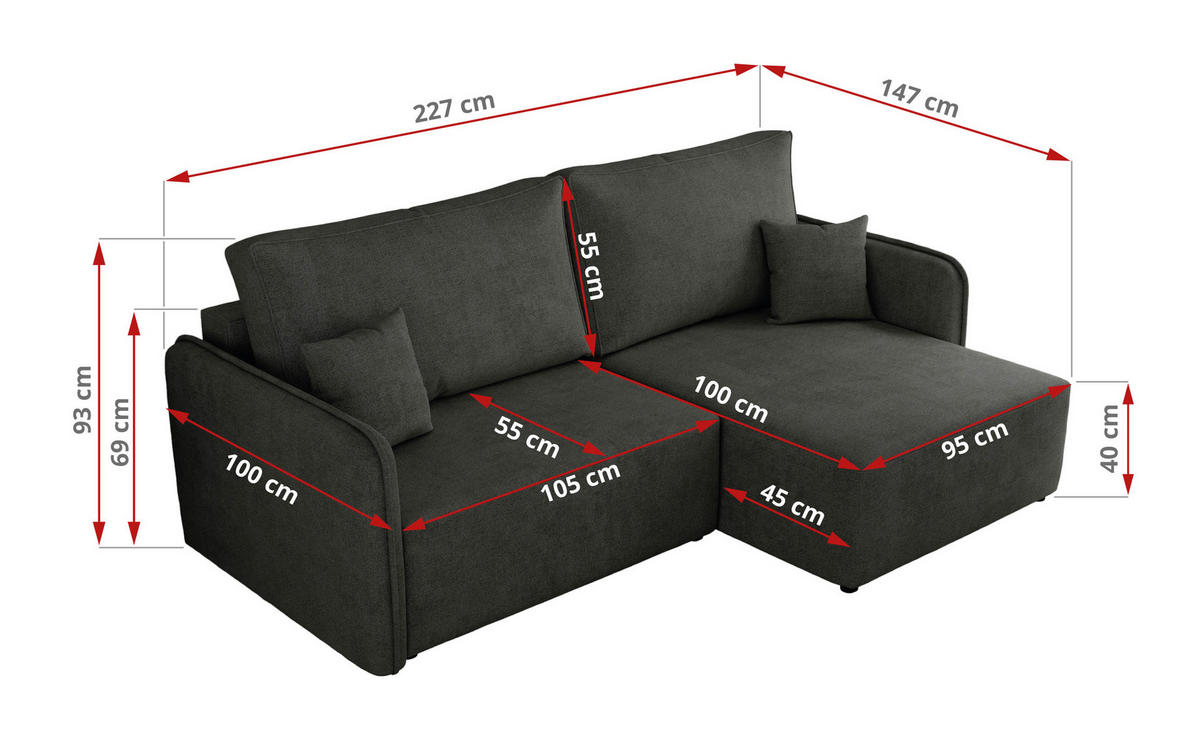 ECKSCHLAFSOFA MESTO L Dunkelgrau Struktur - links - Dunkelgrau/Schwarz, Kunststoff/Textil (227/147cm) - MKS
