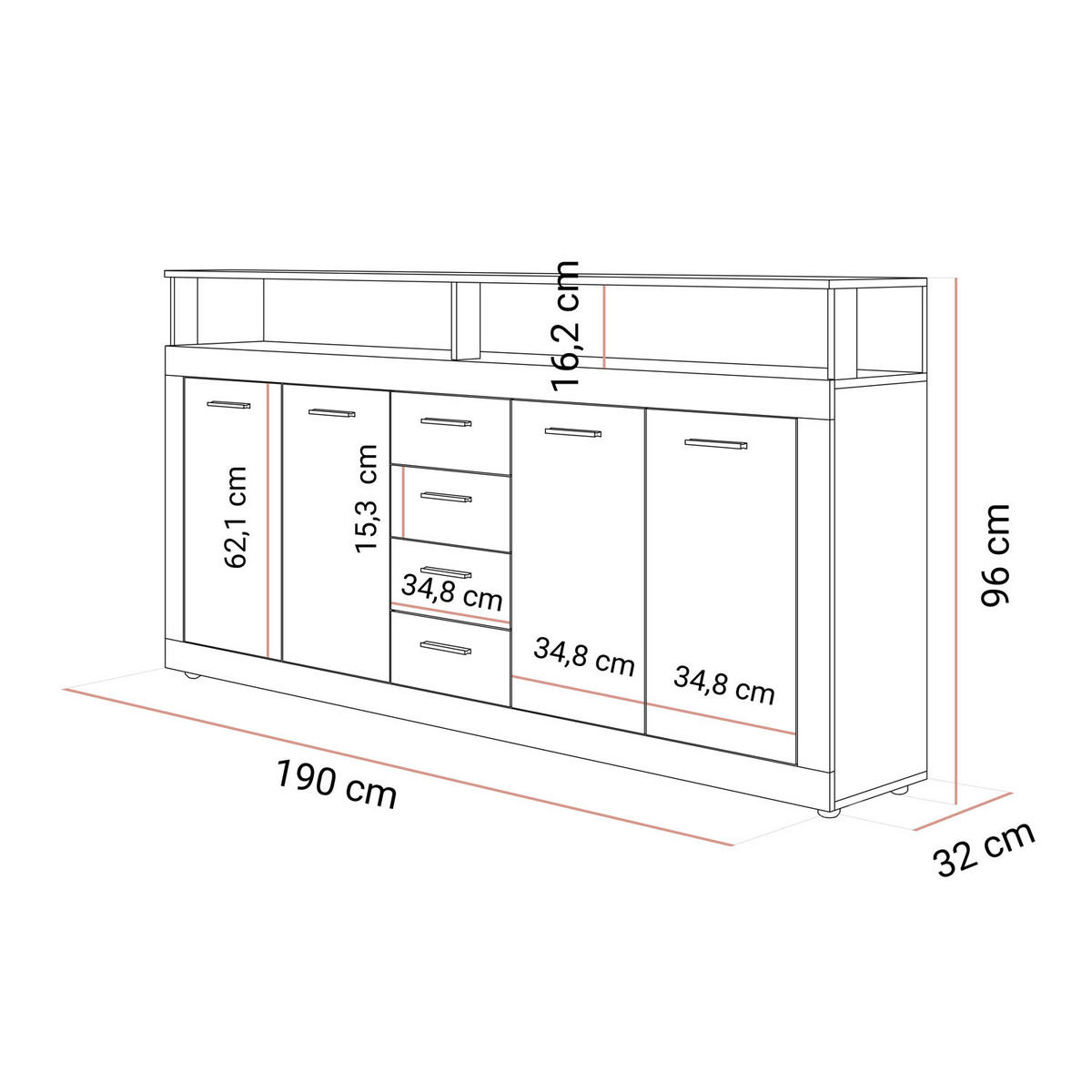 KOMMODE ROMANO mit Schubladen - Weiß, Holzwerkstoff (190/96/32cm) - Lookway