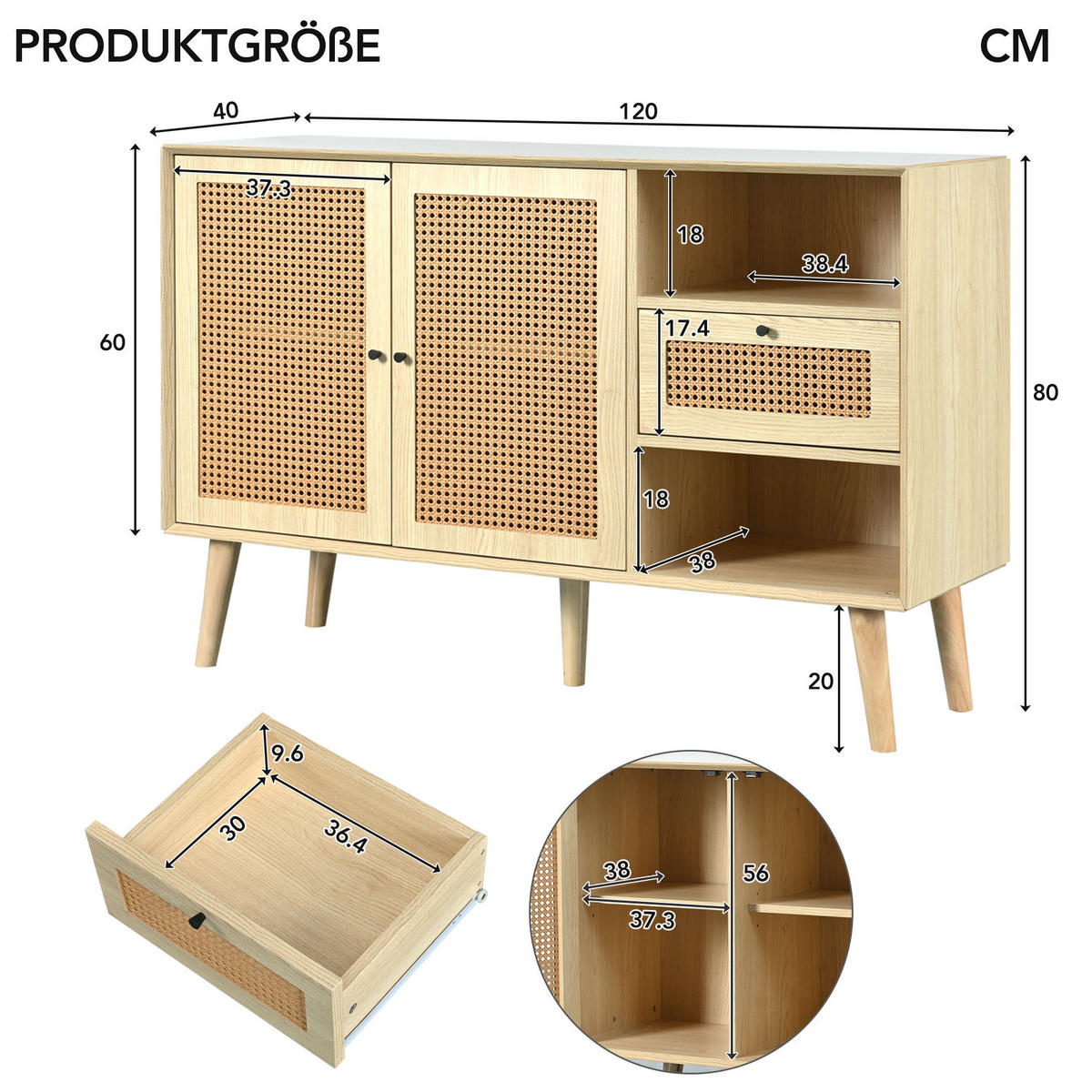 SIDEBOARD mit Schublade und 2 Türen 120 x 40 x 80 cm Eiche - Braun, Holzwerkstoff (120/80/40cm) - Meubliv