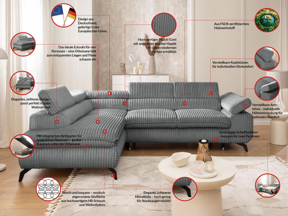 ECKSOFA mit Schlaffunktion und Bettkasten Bonnie aus Grau Cord-Stoff mit verstellbaren Kopfstützen und Armlehne - Ottomane links - Schwarz/Grau, Holz/Textil (275/210cm) - S-Style Möbel