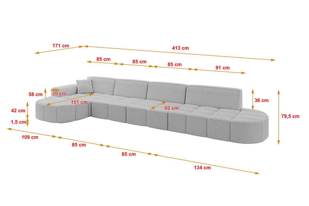 ECKSOFA Ottomane Links LIVO-L3 - 413x171x79,5 cm Hellgrau - Hellgrau, Holzwerkstoff/Textil (413/79.5/171cm) - ALTDECOR
