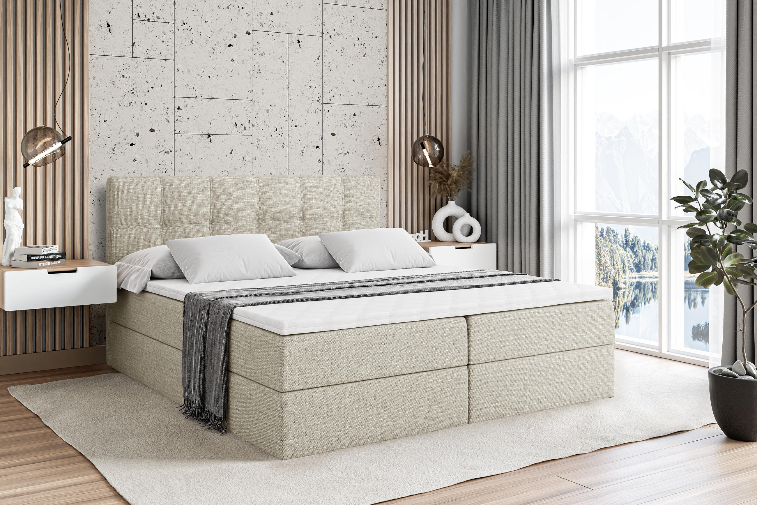 BOXBETT mit Matratze H4 und Lattenrost - MARCE - 140x200 - H4 - Beige - Beige, Holzwerkstoff (140/200cm) - ALTDECOR