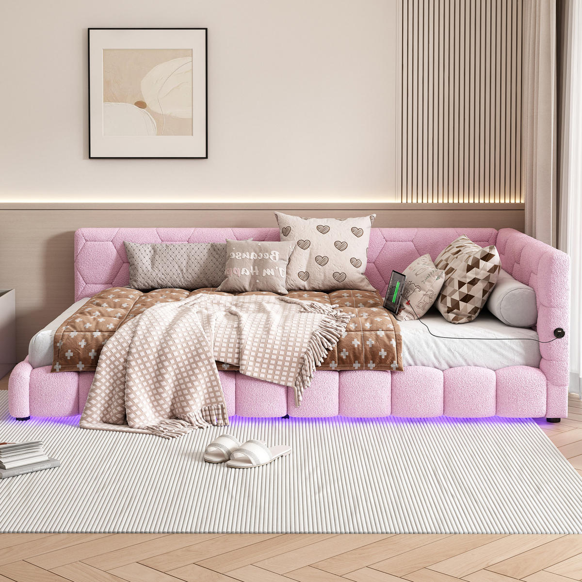 BETT 90/200 cm in Rosa – inkl. Lattenrost, LED-Licht und USB-C - Rosa, Textil (90/200cm) - BEAOK