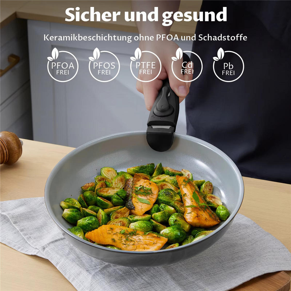 KOCHTOPFSET 17-teilig Keramik Abnehmbarer Griff Induktion - Schwarz, Metall - Bextcok
