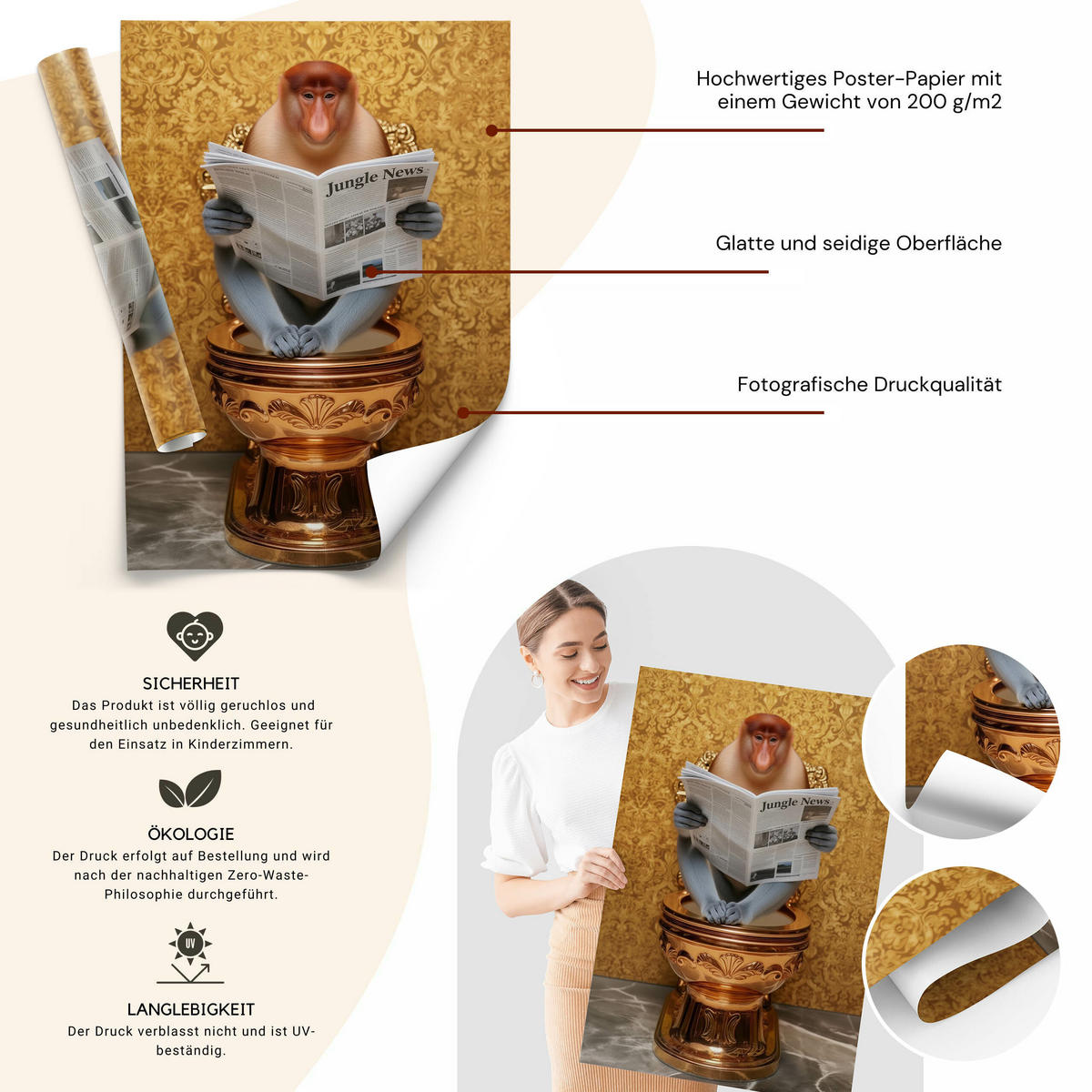 POSTER für WC Badezimmer NASENAFFE mit Zeitung Goldene Toilette Abstraktion 20x30cm - Beige/Orange, Papier (20/30/30cm) - Muralo