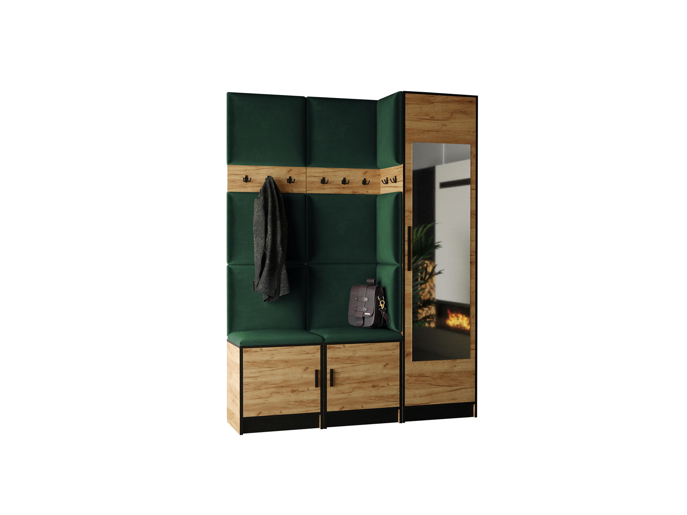 GARDEROBE ROJ 20 - 159,6x205x39cm Eiche Craft Gold + Stoff Grün - Honigeiche/Dunkelgrün, Holzwerkstoff (159.6/205/39cm) - Kier Furniture
