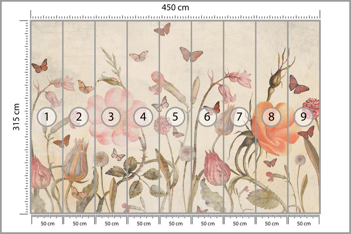 FOTOTAPETE für Kinderzimmer Wiesenblumen Aquarell Schmetterlinge Boho 450x315 - Beige/Rot, Papier (450/315cm) - Muralo