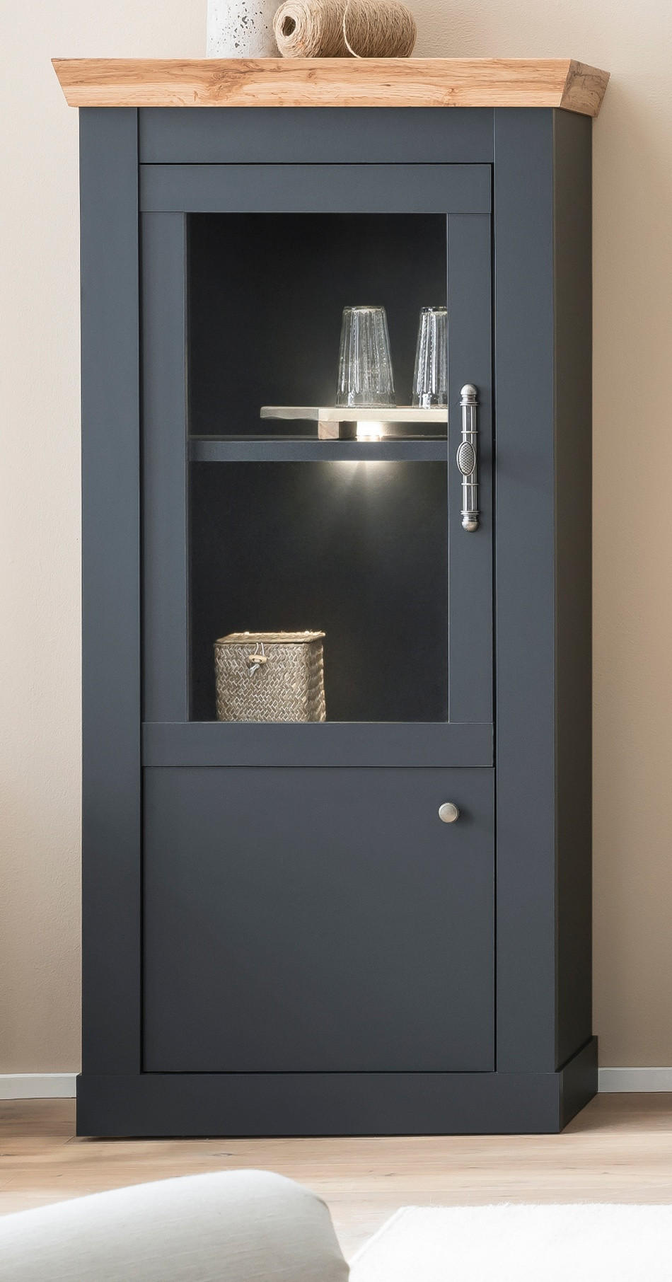 VITRINENSCHRANK grau, Eiche Wotan, Landhaus 72cm, Vitrine mit Soft-Close - Silberfarben/Eiche Wotan, Glas/Holzwerkstoff (72/146/38cm) - Furn.Design