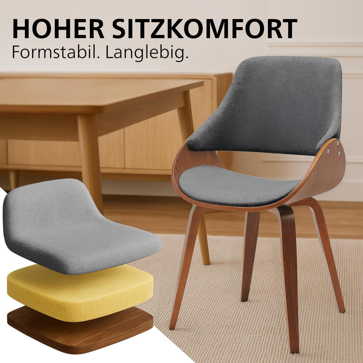 ESSZIMMERSTUHL 2 Stoff Walnuss/Dunkelgrau - Dunkelgrau/Walnussfarben, Holz/Textil (52/86/54cm) - CLP