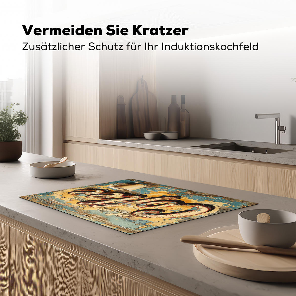 HERDABDECKPLATTE Kaffee - Vintage - Braun - Tasse Herdabdeckung Induktionsfeld 70x52 cm - Teakfarben, Kunststoff (70/52/0.2cm) - MuchoWow