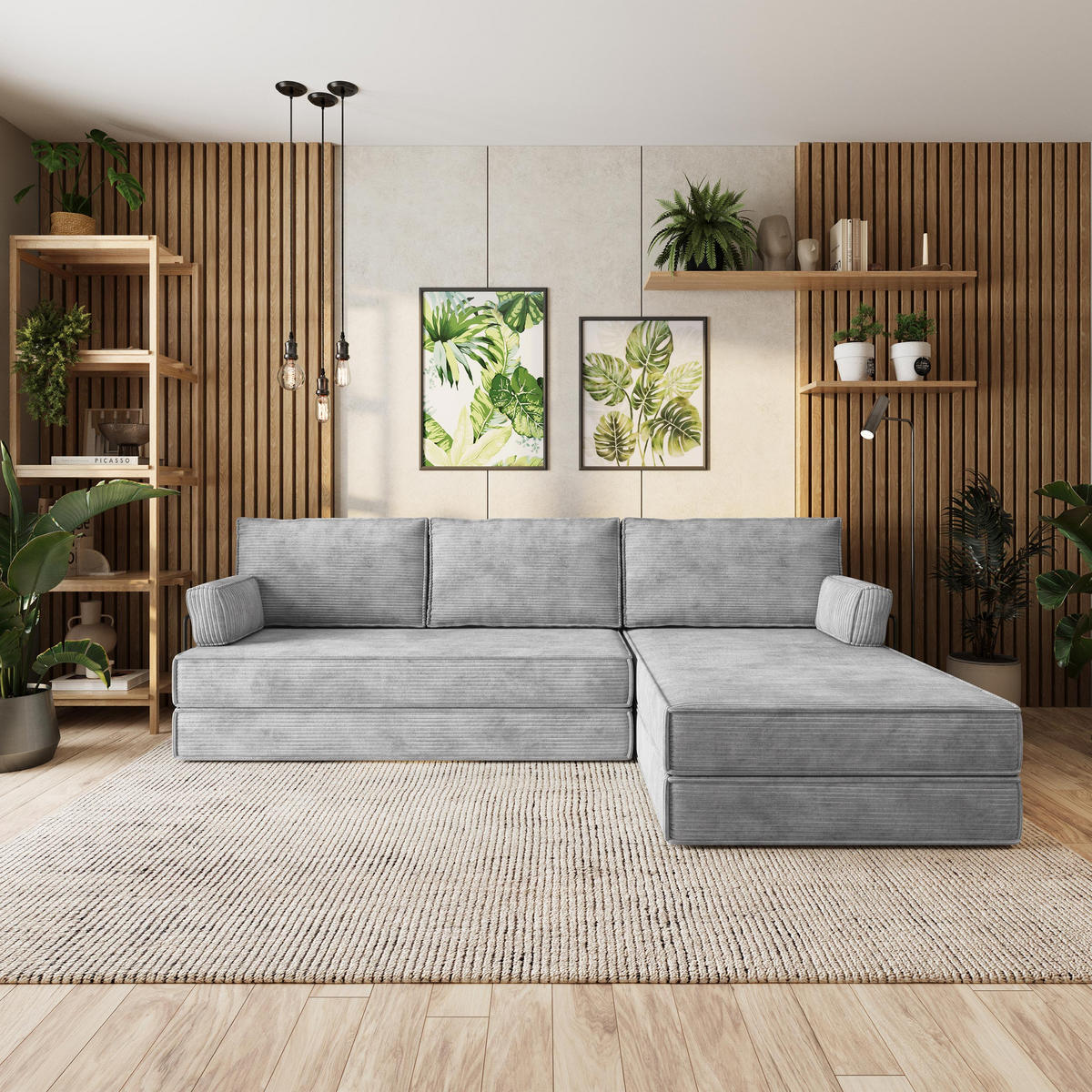 ECKSOFA ANKO modulares Boneless Sofa mit Schlaffunktion Hellgrau Kordstoff - Hellgrau, Textil (270/160cm) - MASSENO
