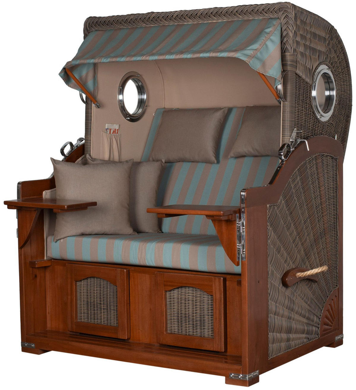 STRANDKORB Komplettset: Ammersee Mahagoni Bullauge - PE grau - Modell 520 - Blau/Braun, Holz/Kunststoff (125/165/80cm) - bene living