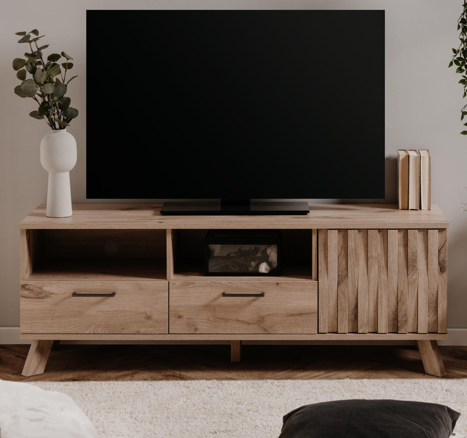 TV-LOWBOARD Eiche 140 cm, TV Unterteil mit 3D-Relief und Push-to-Open - Eichefarben/Messingfarben, Holzwerkstoff/Metall (140/50/40cm) - Furn.Design