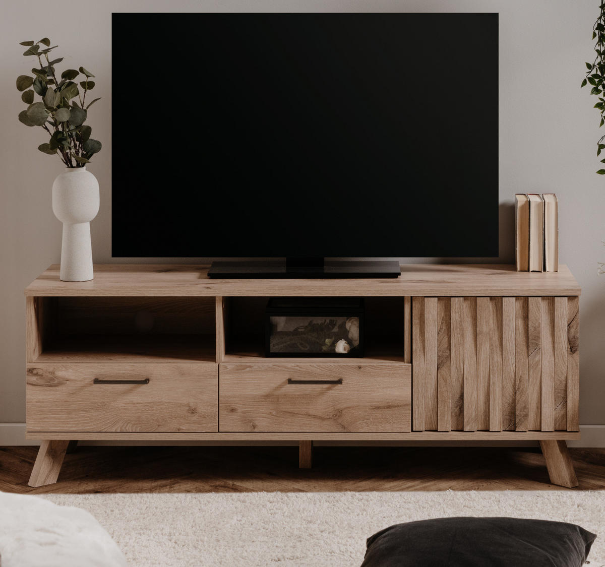 TV-LOWBOARD Eiche 140 cm, TV Unterteil mit 3D-Relief und Push-to-Open - Eichefarben/Messingfarben, Holzwerkstoff/Metall (140/50/40cm) - Furn.Design