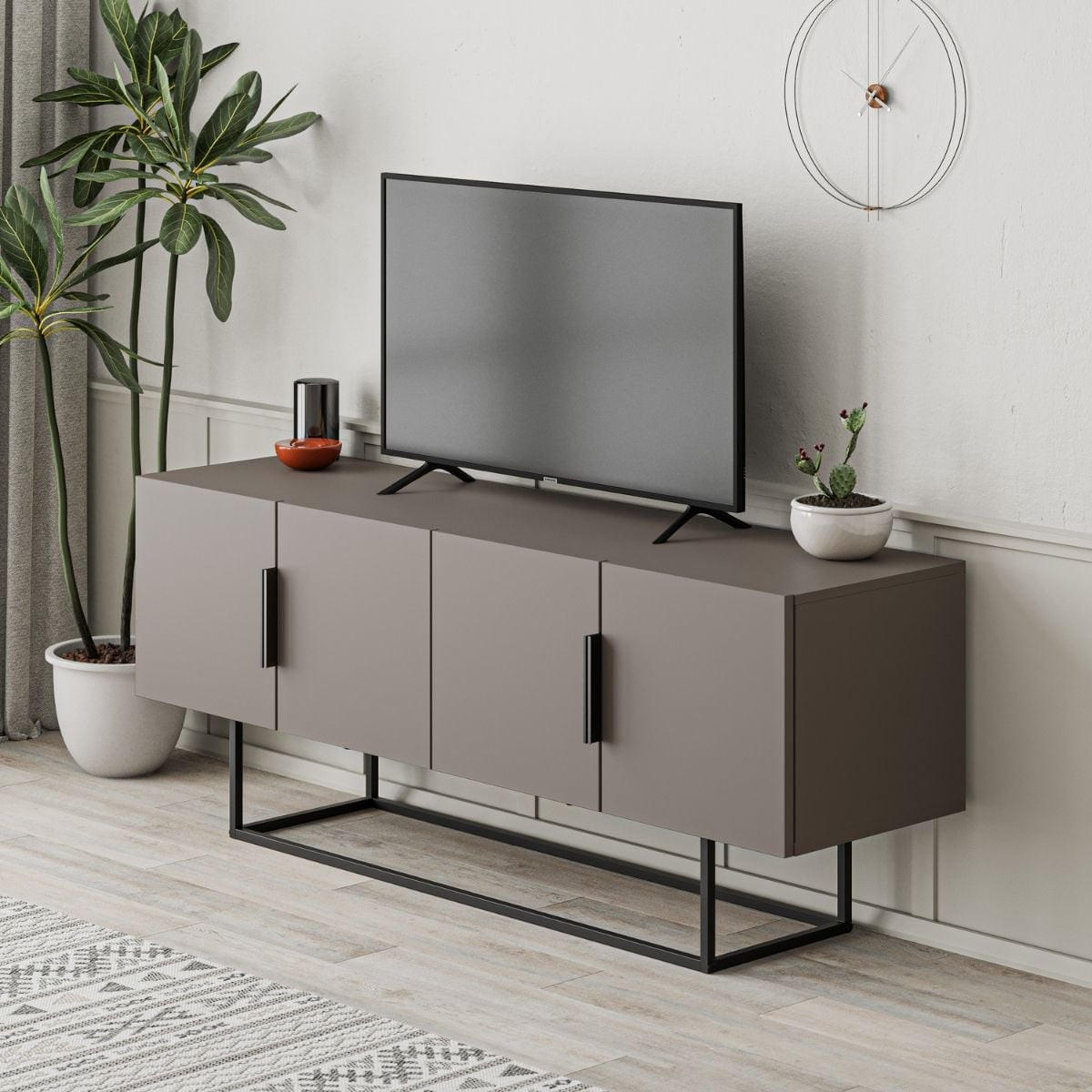 TV-SCHRANK mit 4 Türen und Metallbeinen L140 cm - Titan - Braun, Holzwerkstoff (35/55/140cm) - Calicosy