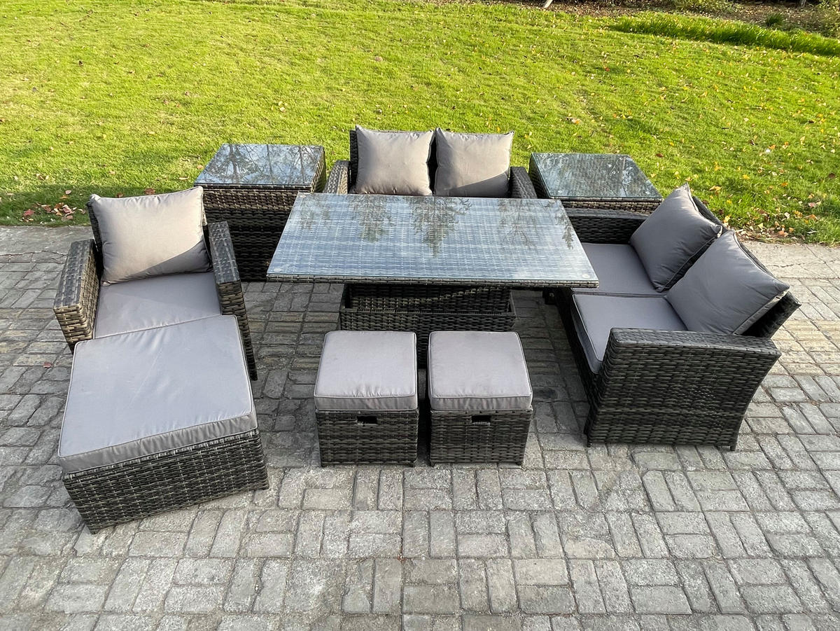GARTENMÖBEL SET mit höhenverstellbarer Tisch Polyrattan Dunkelgrau 8-Sitzer - Dunkelgrau, Metall - Fimous