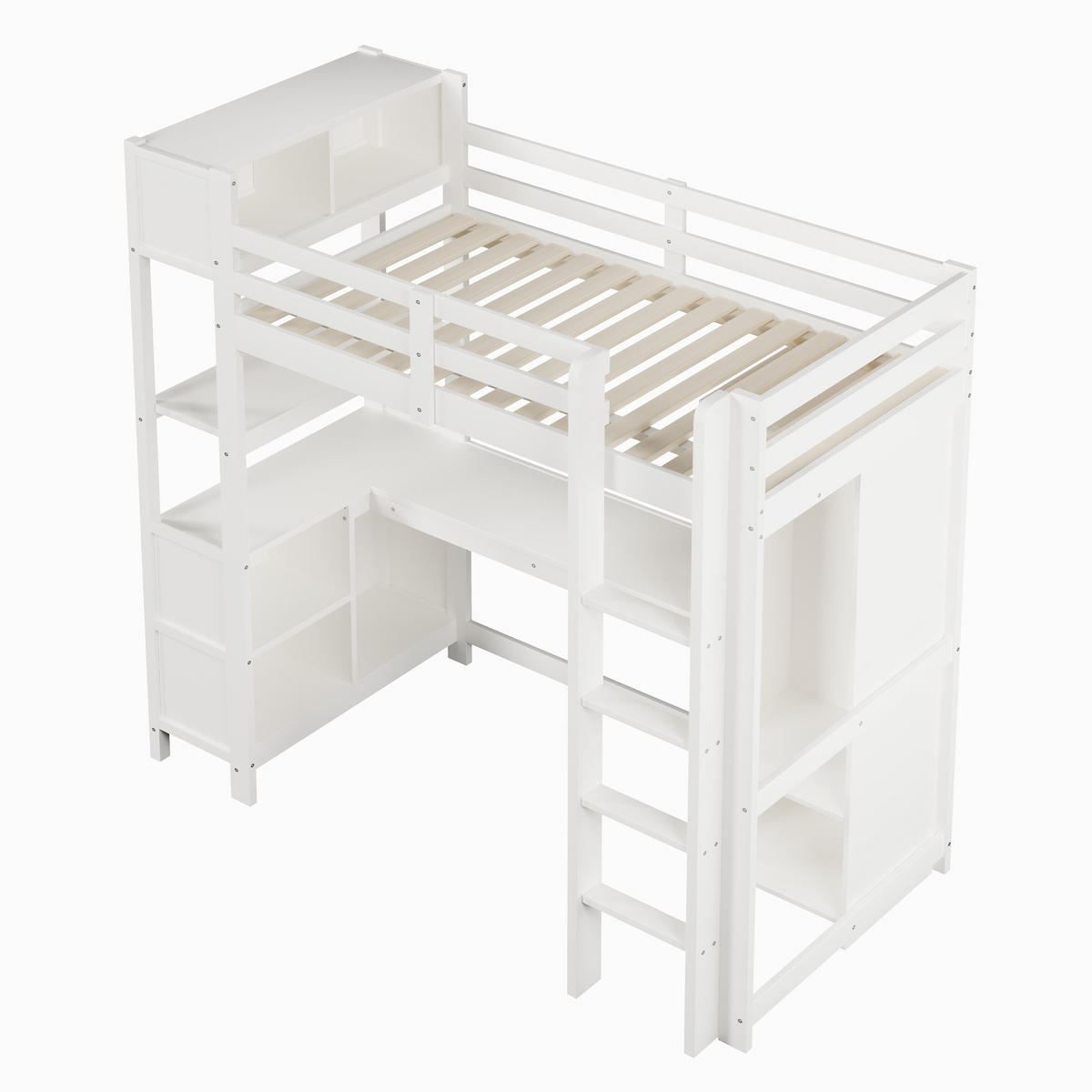 HOCHBETT 90/200 cm in Weiß mit Schreibtisch, Regalen und Kleiderschrank aus Kiefernholz - Weiß, Holz/Holzwerkstoff (90/200cm) - CHICFURN