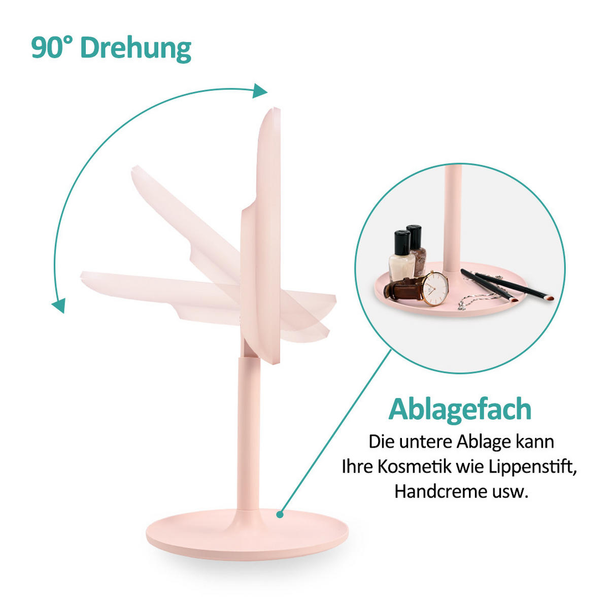 KOSMETIKSPIEGEL mit Licht mit Abnehmbare Saugnapfes, Rosa, φ20 cm - Pink, Glas (20/35/20cm) - EMKE