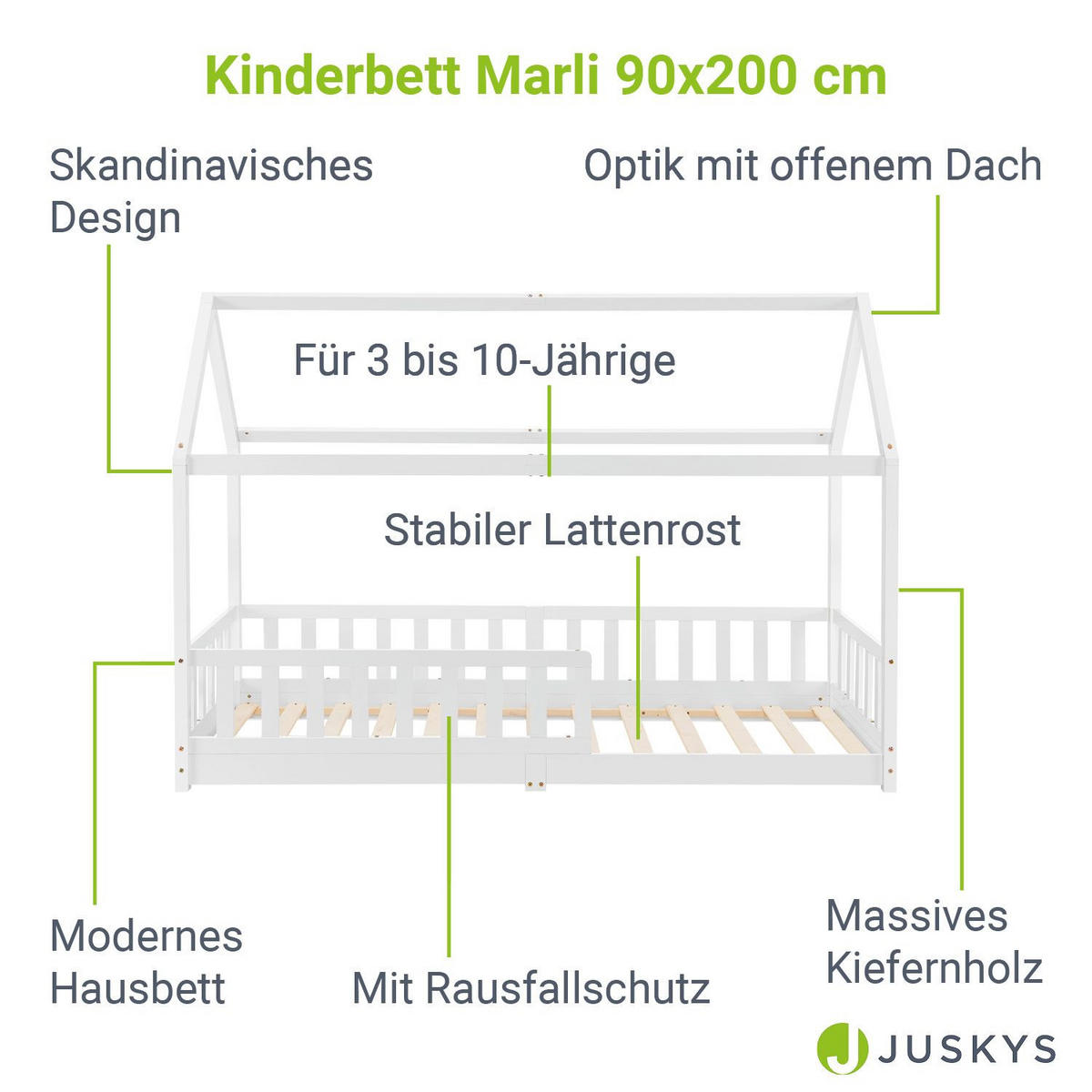 KINDERBETT Marli mit Matratze weiß 90x200 cm - Weiß, Holz (90/200cm) - Juskys