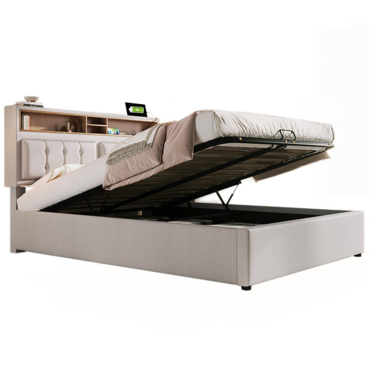 POLSTERBETT 140/200 cm mit Bettkasten, USB-C und verstellbarem Kopfteil - Beige, Textil (140/200cm) - BEAOK