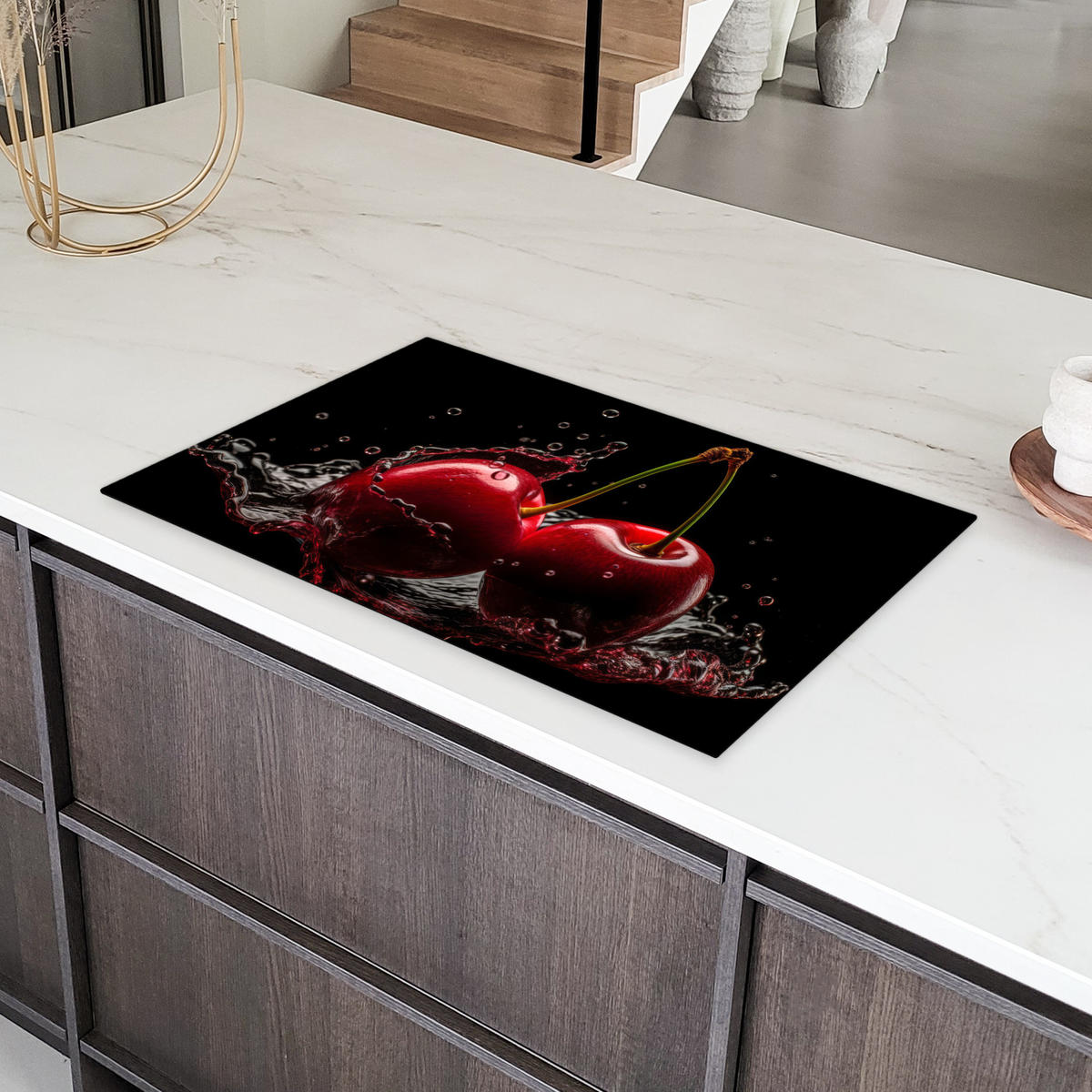 HERDABDECKPLATTE Kirsche - Rot - Frucht - Wasser - Schwarz Ceranfeldabdeckung 85x52 cm - Kirschrot, Kunststoff (85/52/0.2cm) - MuchoWow