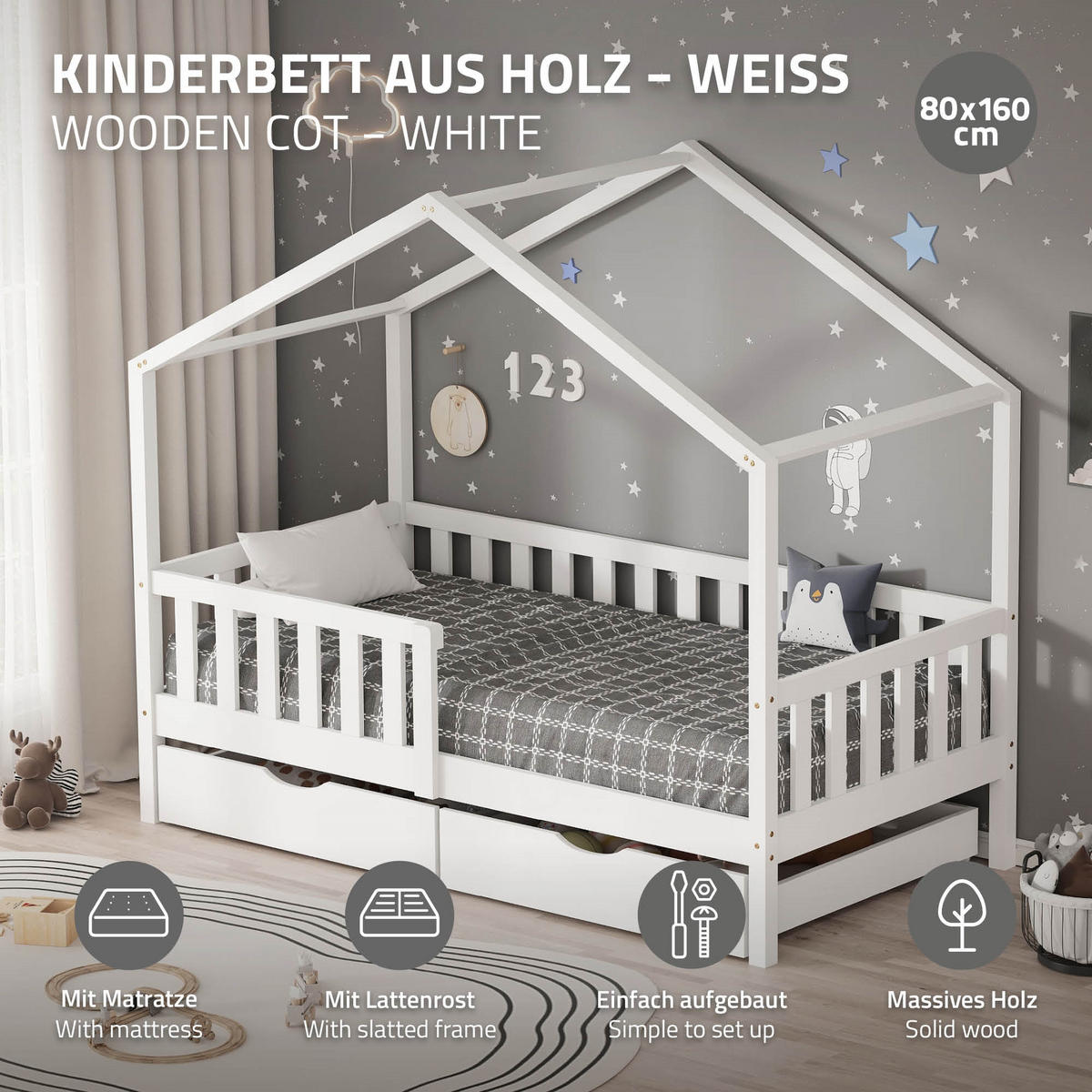 HAUSBETT mit Matratze 80x160 cm und 2 Schubladen Weiß aus Kiefernholz - Weiß, Holz (80/160cm) - ML-DESIGN