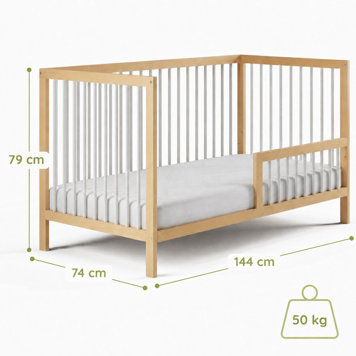 BABYPOSTÝLKA s poloviční boční zábranou 70x140 cm v přírodně bílé barvě - bílá/přírodní, dřevo (70/140cm) - Kids Collective