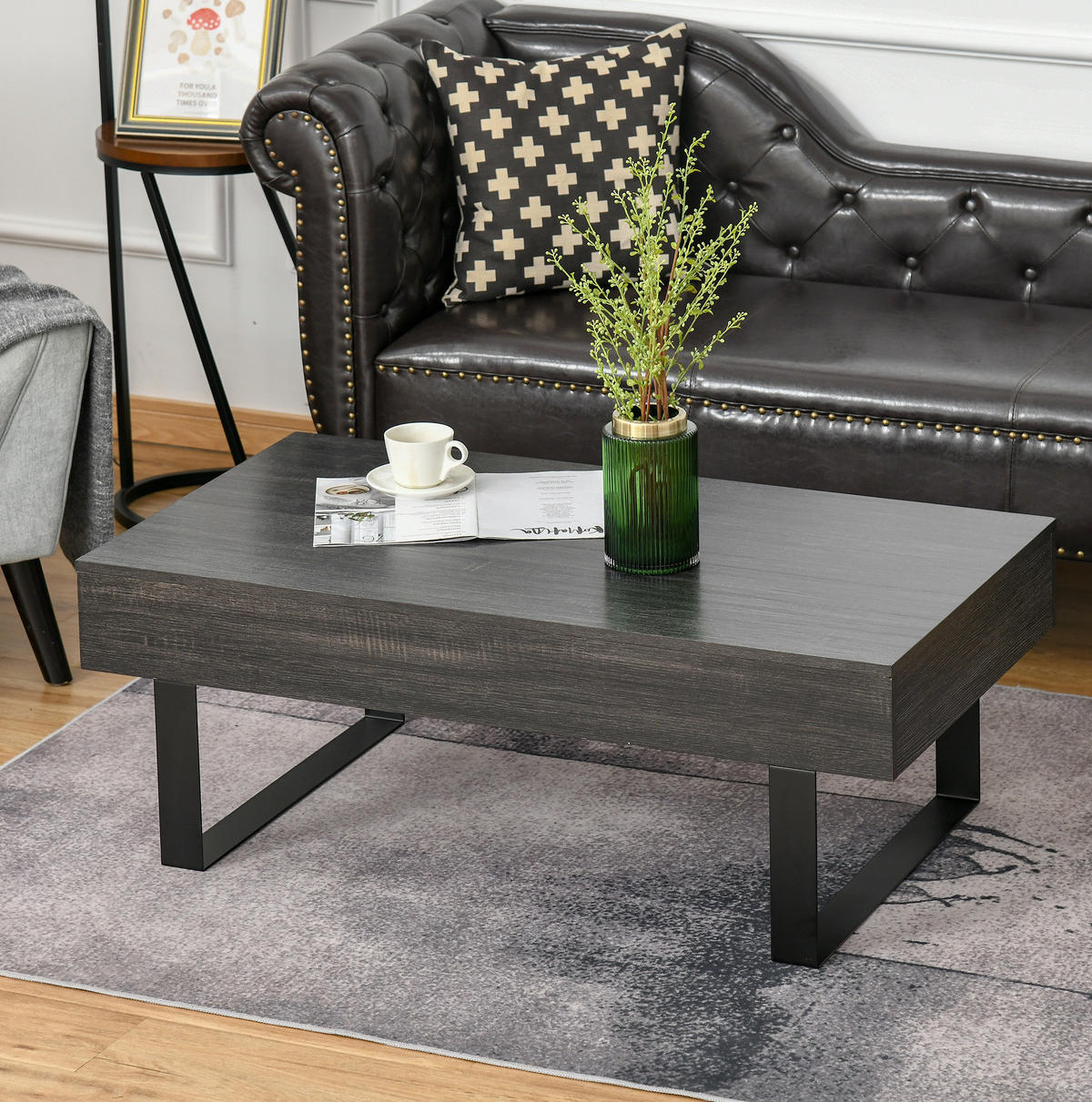 COUCHTISCH 110/60/40 cm mit Schublade und offenen Regalen, Spanplatte mit Metallgestell, Dunkelgrau - Grau, Holzwerkstoff (110/60/40cm) - Modfu