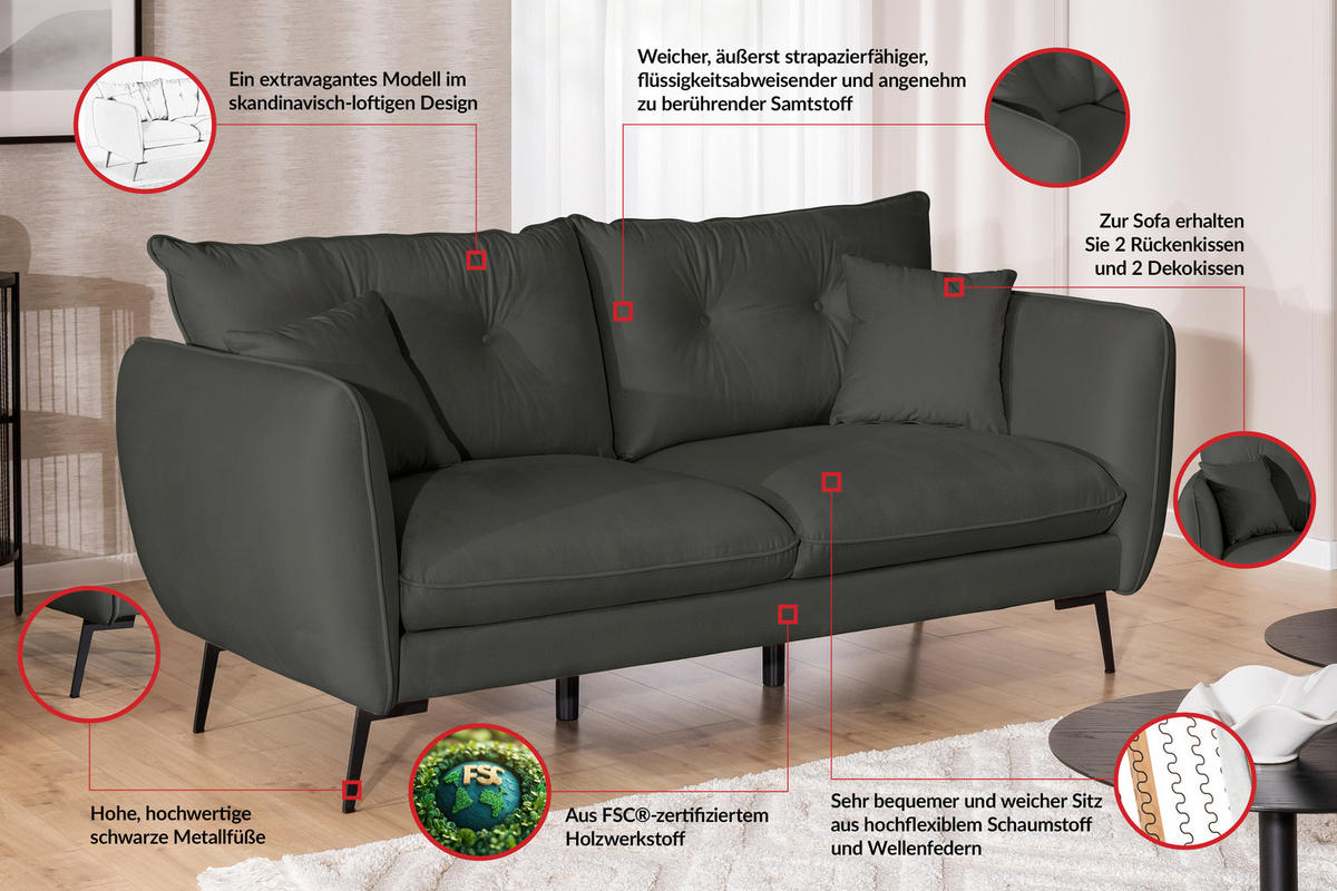SITZGARNITUR 3+2+1 Nordloft Dunkelgrau Samt - Dunkelgrau/Schwarz, Holz/Textil (204/86/100cm) - S-Style Möbel