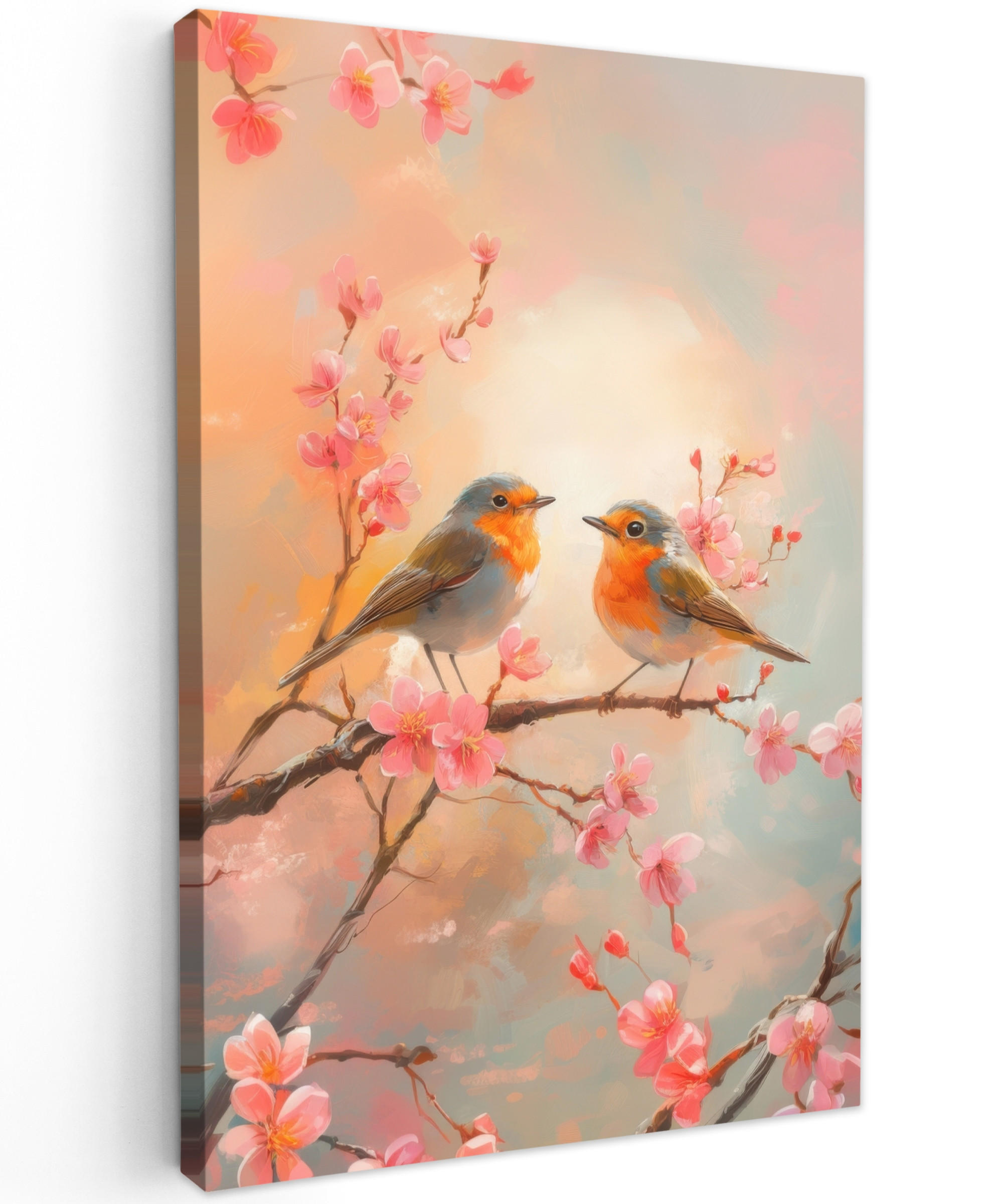 LEINWANDBILD Rotkehlchen - Zierpflanze - Blütenzweig 80x120 cm - Hellrosa, Textil (80/120cm) - MuchoWow