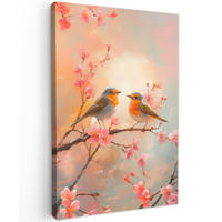LEINWANDBILD Rotkehlchen - Zierpflanze - Blütenzweig 80x120 cm - Hellrosa, Textil (80/120cm) - MuchoWow