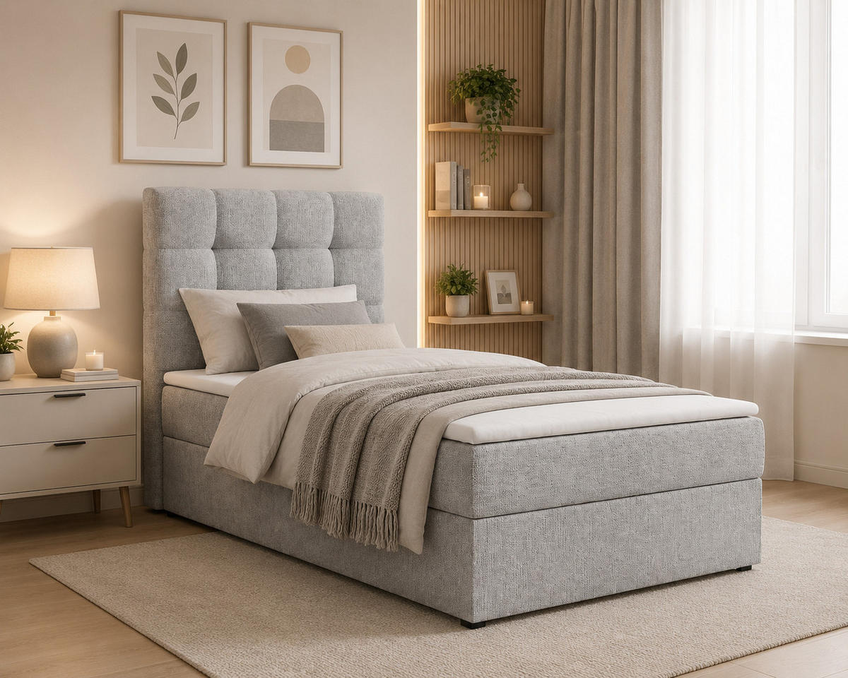 BOXBETT - Bett 05 OSLO - Aragon - 90x200 cm - mit Bettkasten und Komfort-Topper - Hellgrau, Holz (90/200cm) - ROYAL24_MARKT