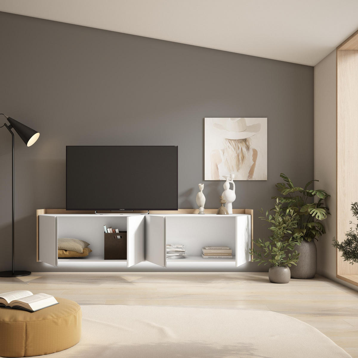 LOWBOARD, Weiß und Eiche, 207/35/50cm, Hängend - Weiß, Holzwerkstoff (207/50/35cm) - Skraut Home