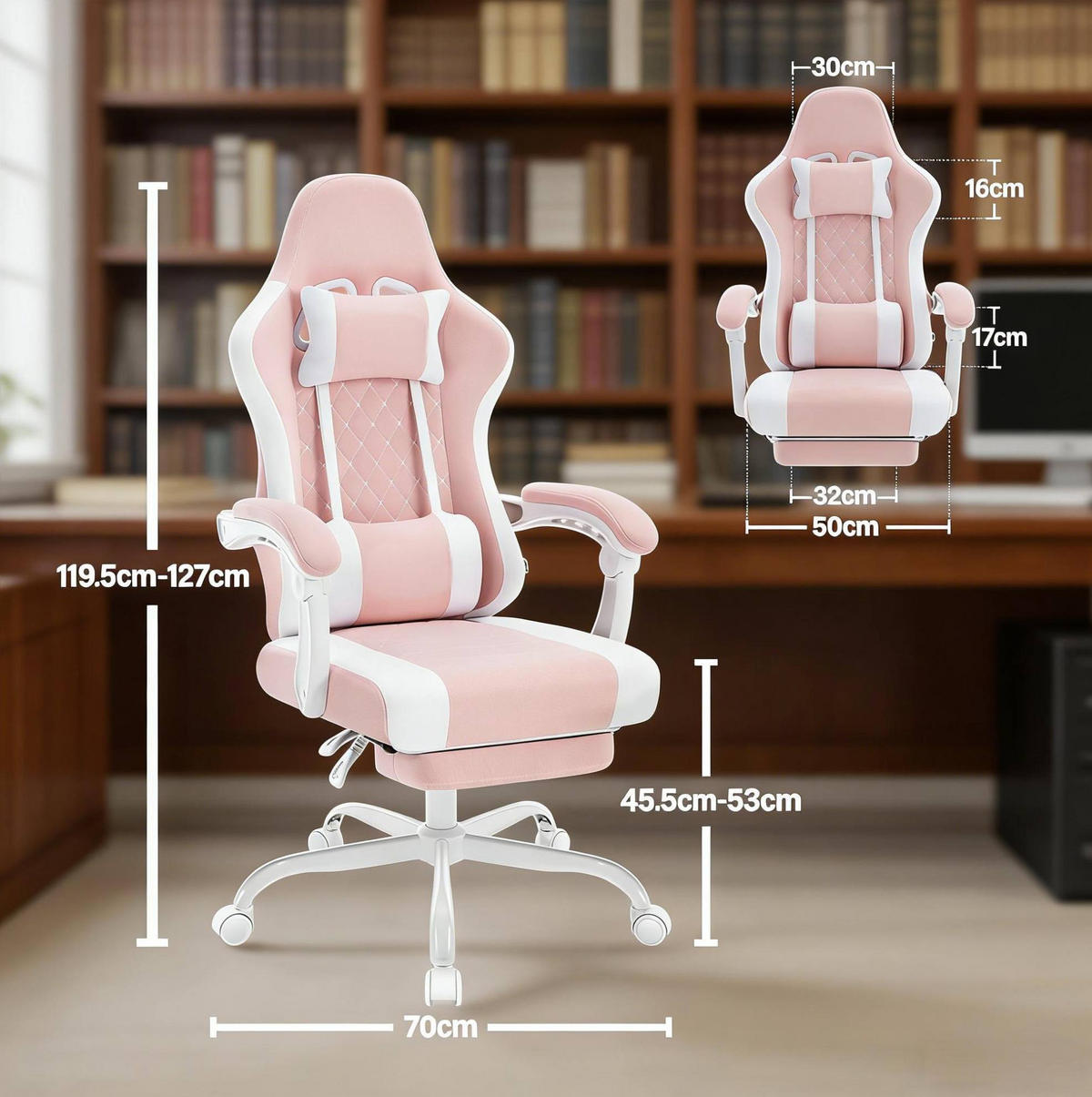 GAMINGSTUHL in Pink und Weiß 70x70x127 cm mit Massagefunktion und Fußstütze - Pink, Textil (70/127/70cm) - IVMEU